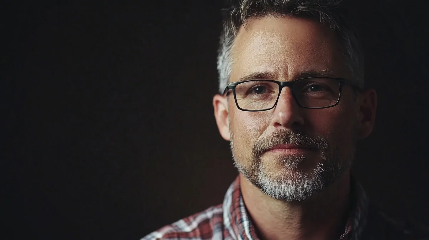 A thoughtful middle-aged man with glasses and a beard stares directly into the camera, conveying a sense of determination and readiness for the future