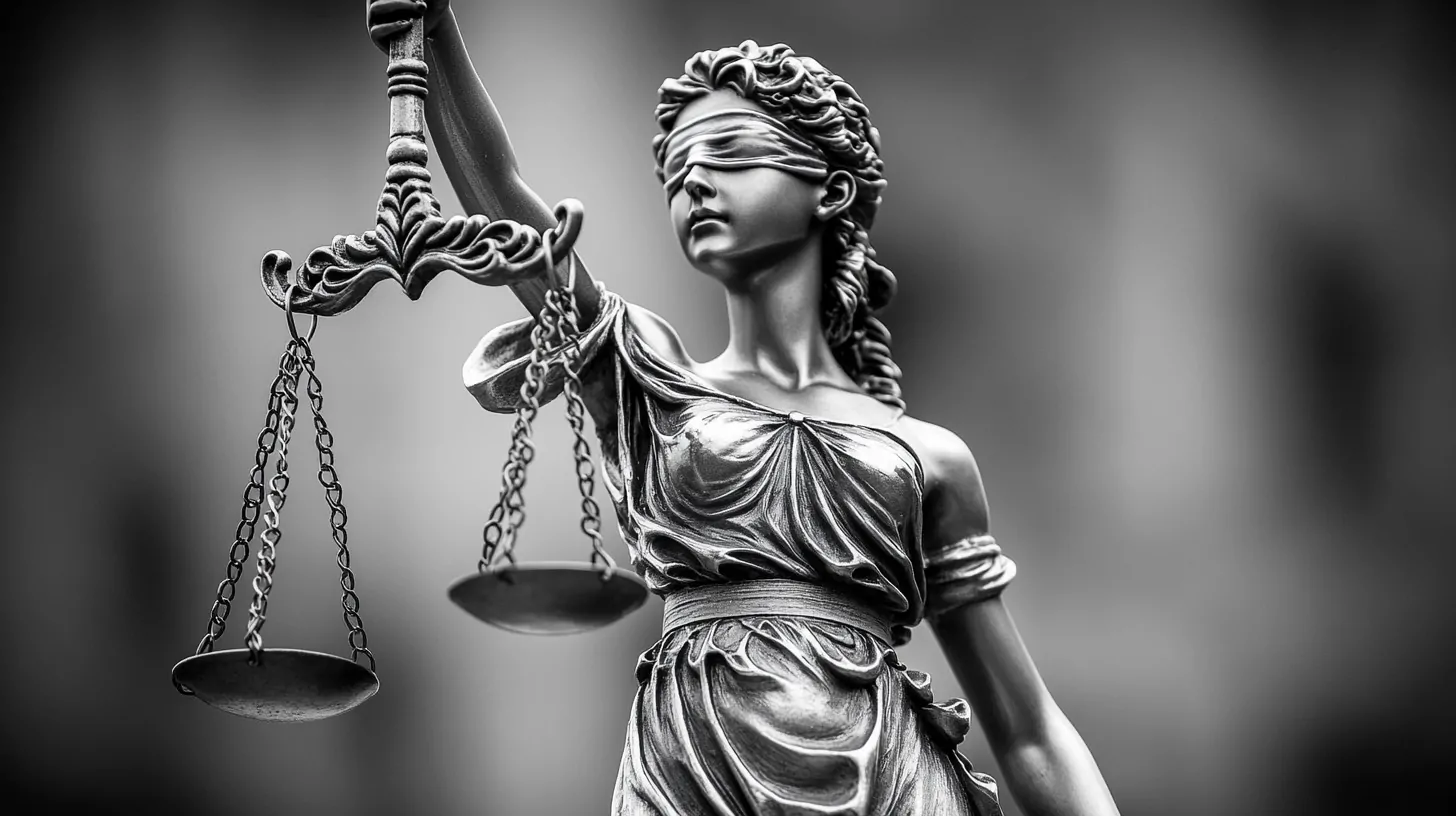 Blindfolded Lady Justice statue holding scales, symbolizing fairness and justice