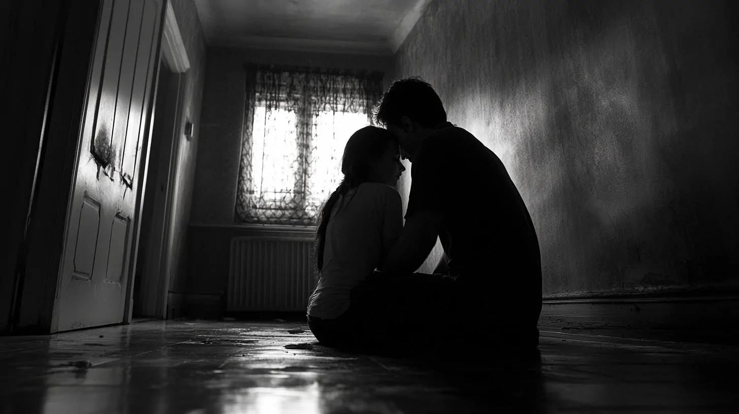 black and white image of a couple sitting closely on the floor in a dimly lit room