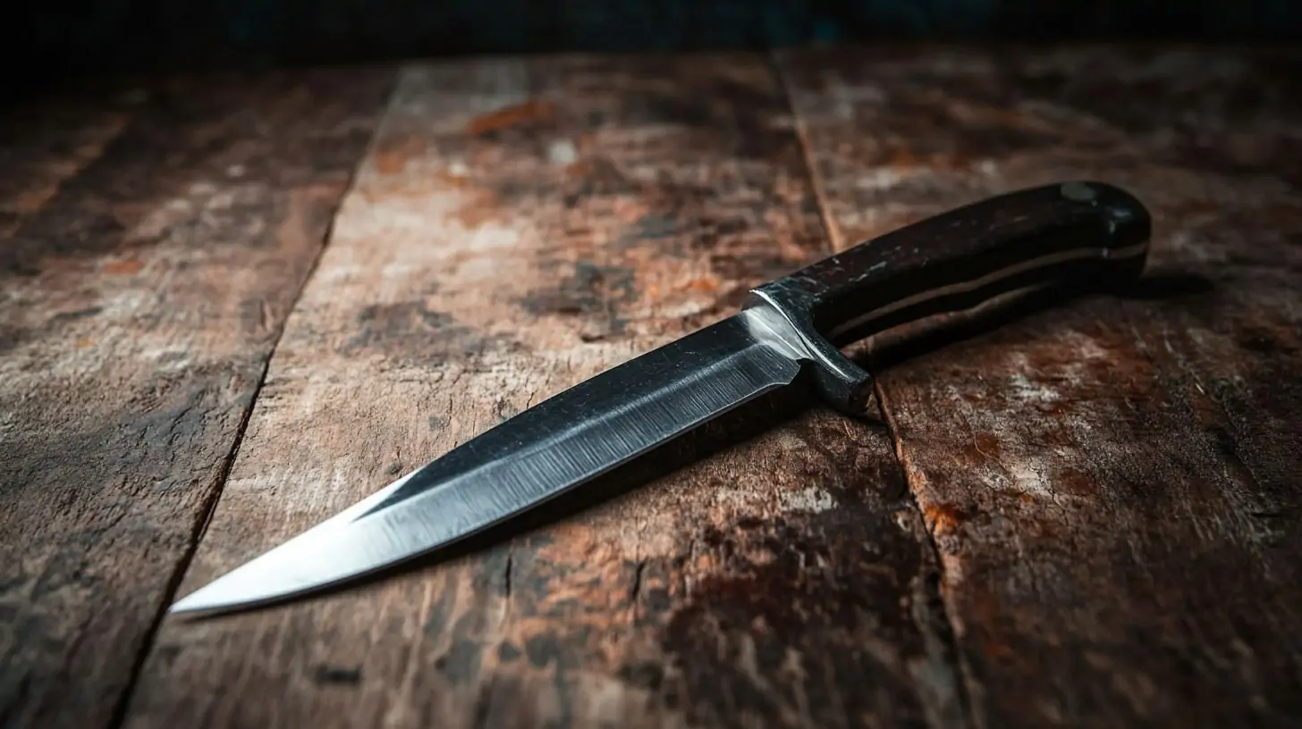 A sharp knife with a wooden handle resting on a rustic wooden surface