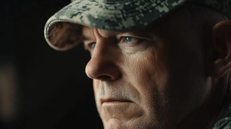 military veteran wearing a camouflage cap, showing a serious expression with detailed facial features