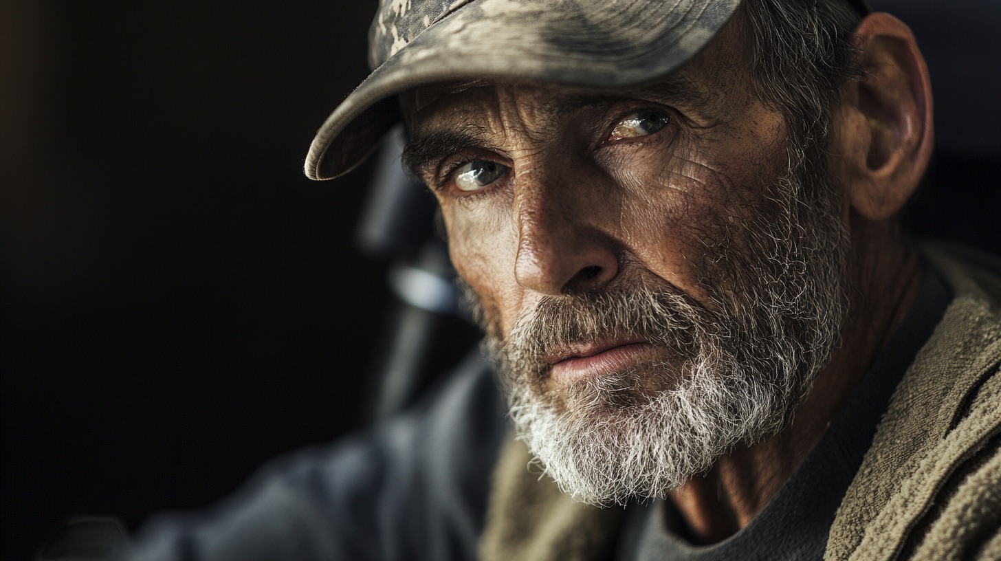 elderly man wearing a camouflage cap, with intense eyes and a rough beard, embodying the experience of a military veteran