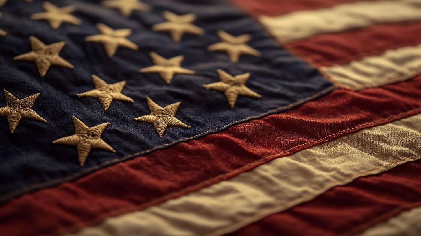 An artistic close-up of the American flag showcasing its embroidered stars and textured fabric, highlighting the colors red, white, and blue