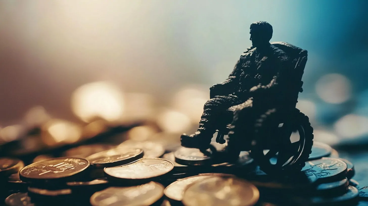 A close-up shot of a miniature figure of a man in a wheelchair sitting on a pile of coins, symbolizing the financial considerations of disability benefits.