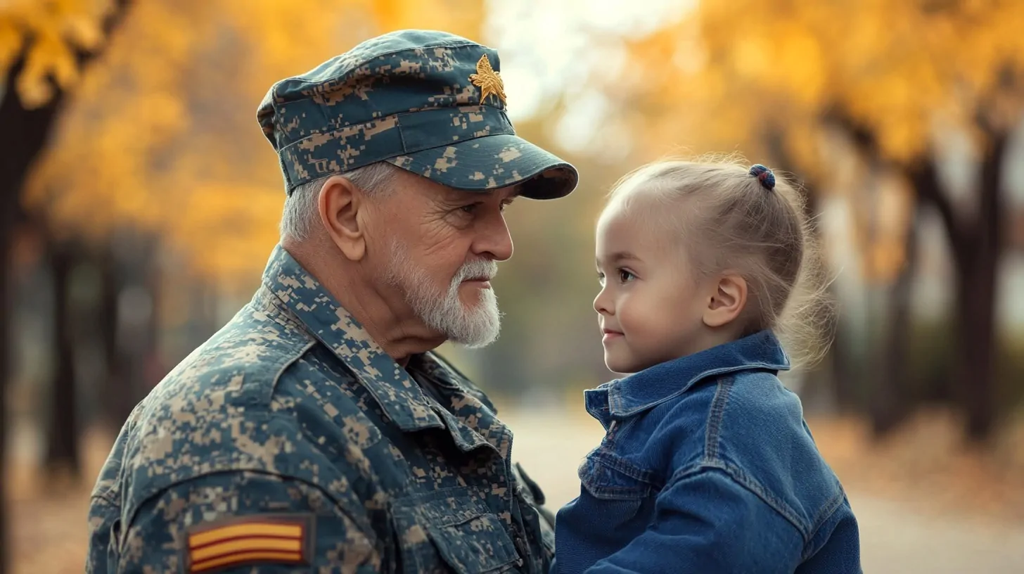 An elderly veteran in military attire smiling at a young girl in a denim jacket, set against a backdrop of autumn trees, showcasing a warm and affectionate connection