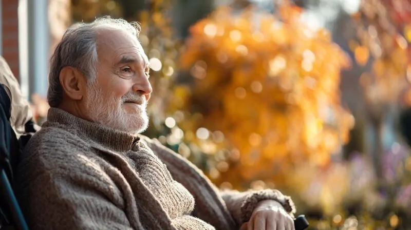 smiling elderly man with a beard sits outdoors in a cozy sweater, surrounded by colorful autumn foliage, reflecting a peaceful moment