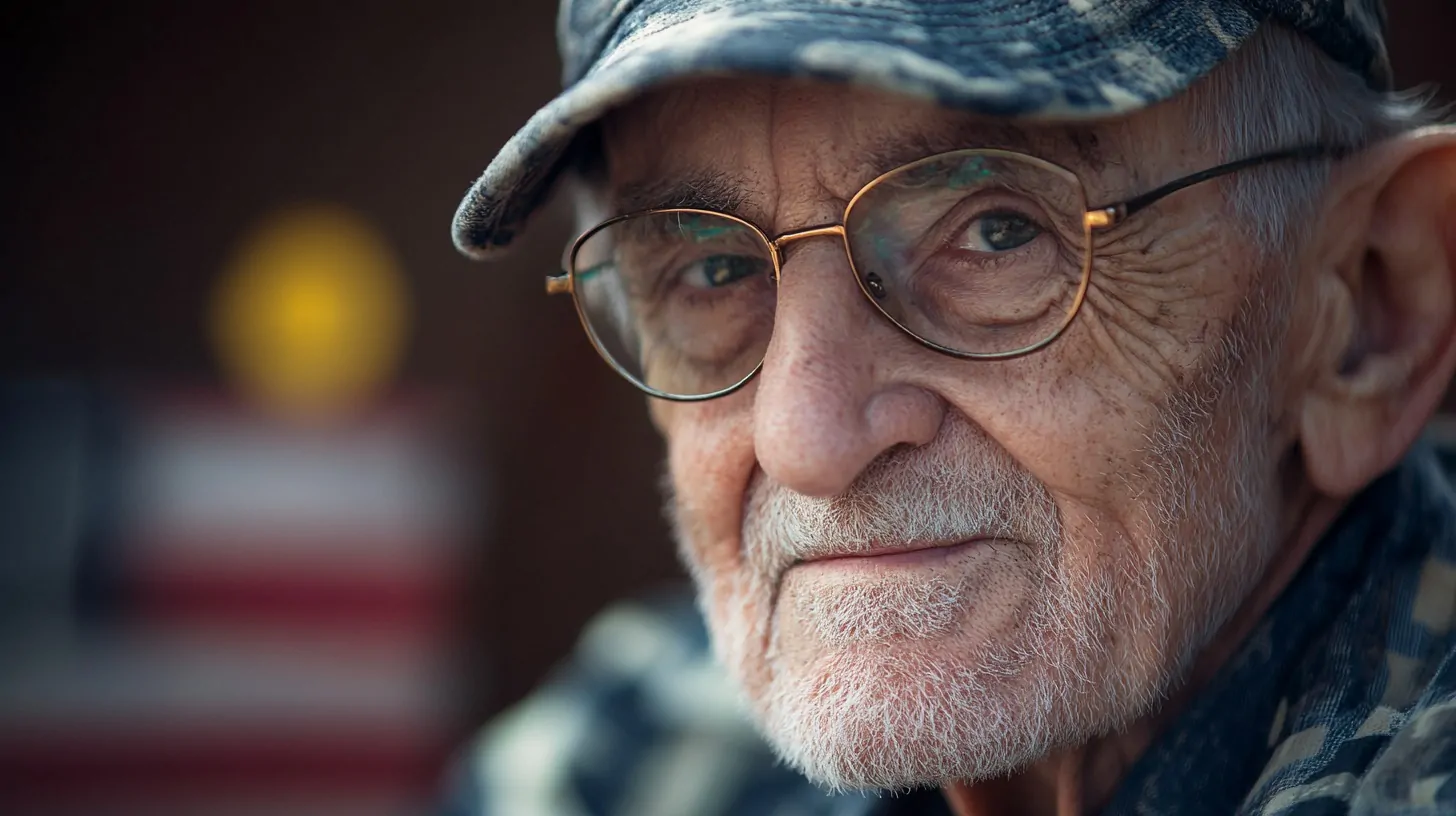 derly man with glasses and a camouflage cap, displaying a focused expression, with the American flag blurred in the background