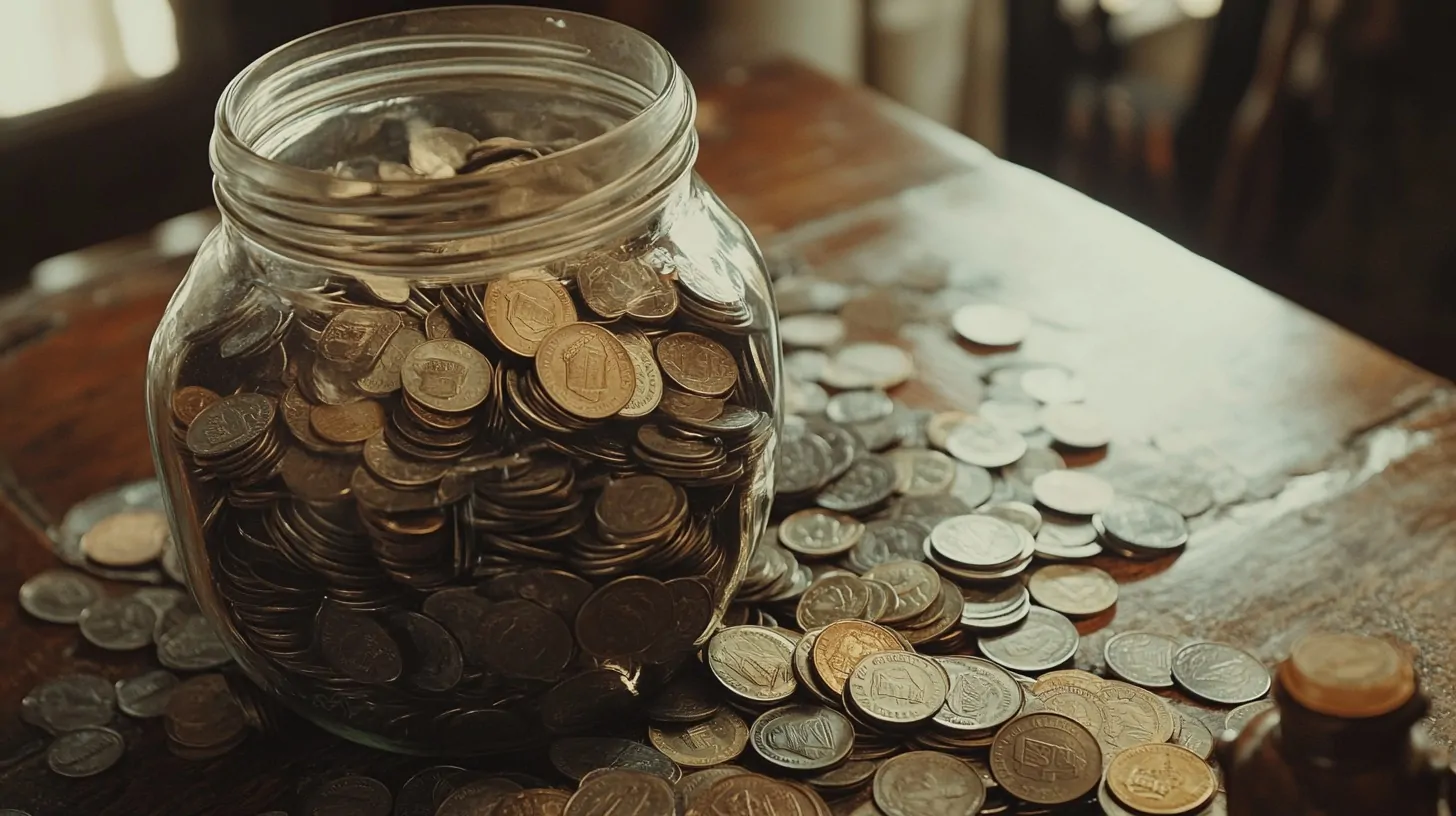 Glass jar filled with coins, surrounded by scattered coins on a wooden surface, symbolizing financial matters related to VA disability benefits