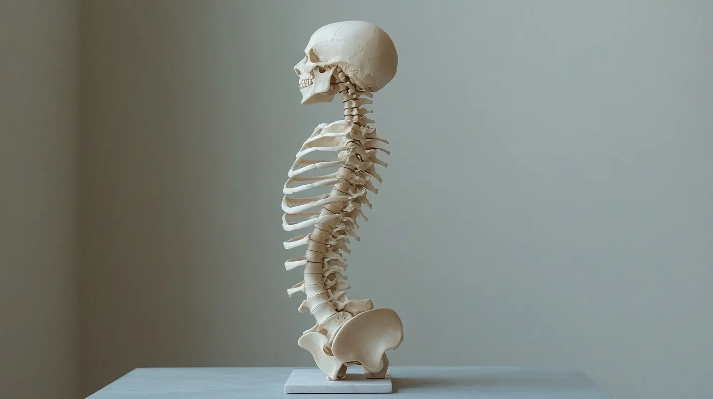 Side view of a skeletal model showcasing the human spine, ribs, and skull