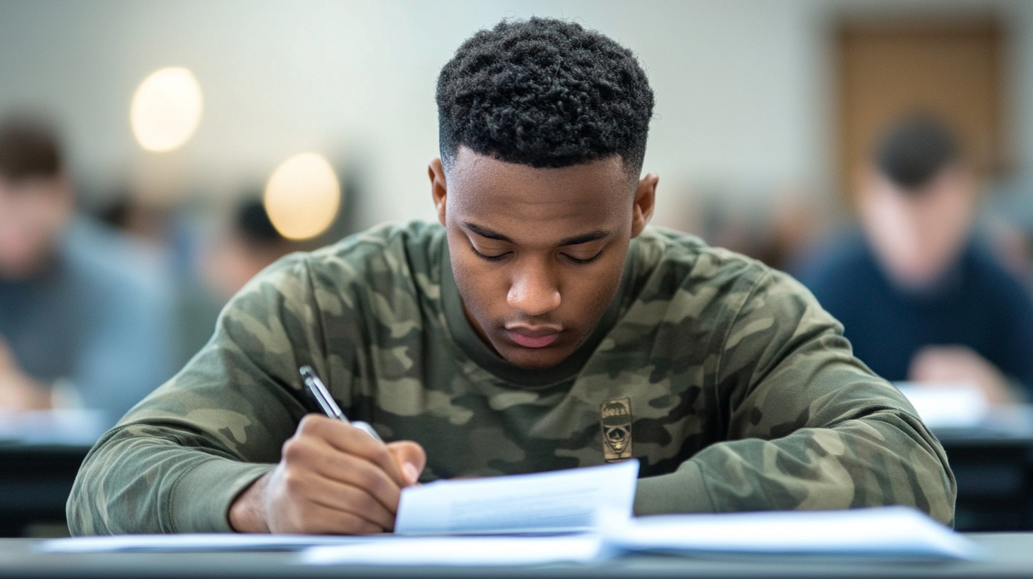 Young man in a camo shirt concentrating on a written exam in a classroom setting