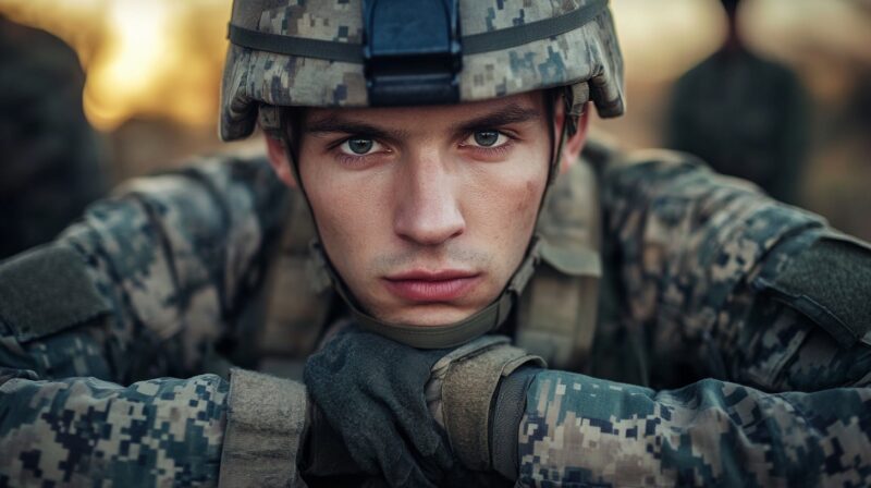 Close-up of a soldier in digital camouflage uniform and helmet, looking intensely into the camera