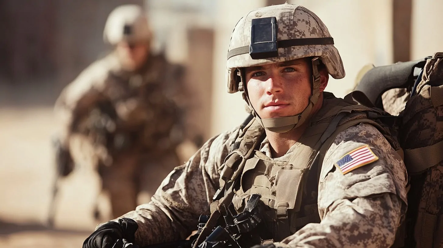 Close-up of a U.S. soldier in full combat gear, looking forward with a serious expression, with another soldier blurred in the background