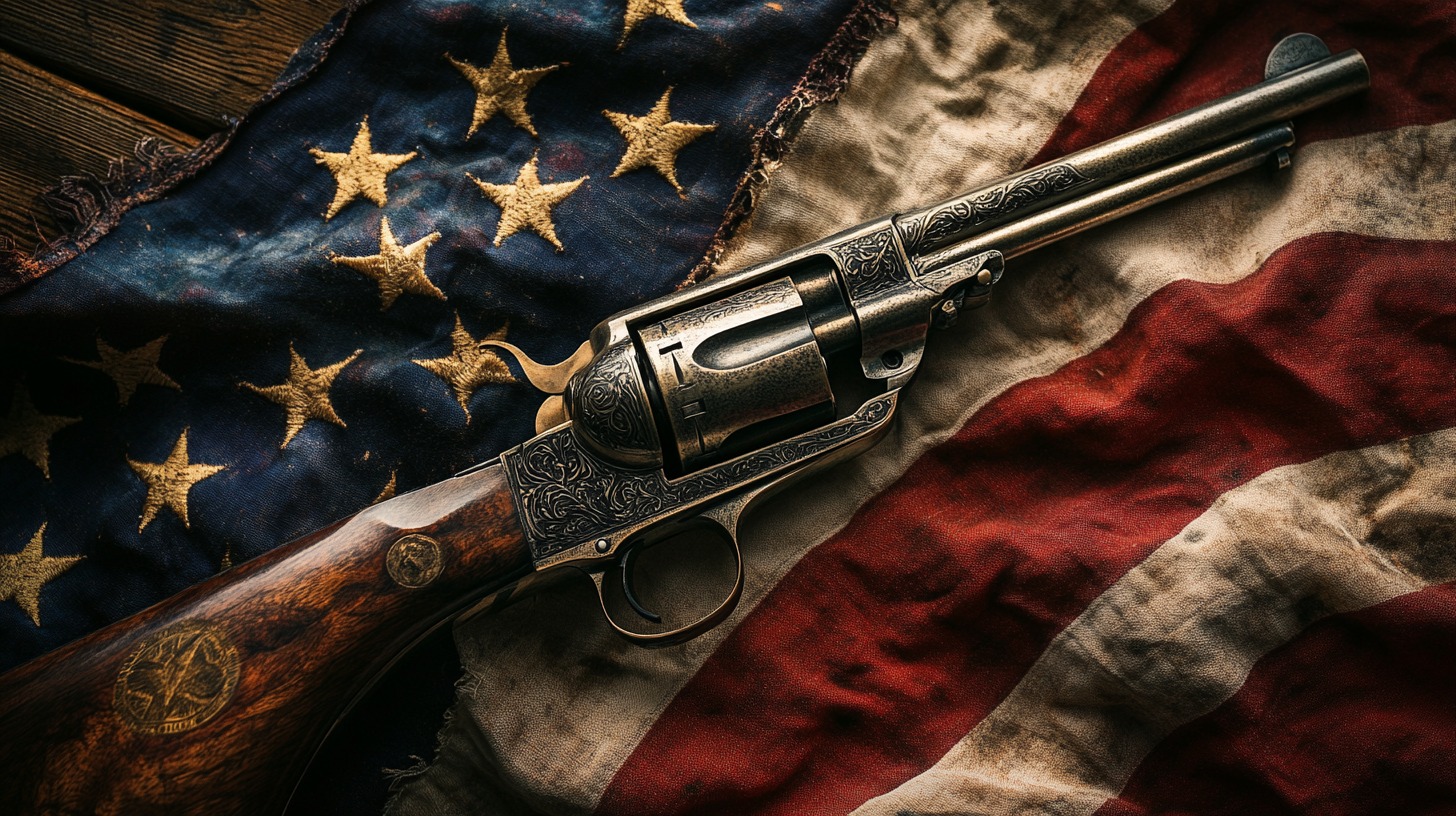 A vintage revolver with intricate engravings lies on a worn, historic American flag, symbolizing the country's firearm heritage