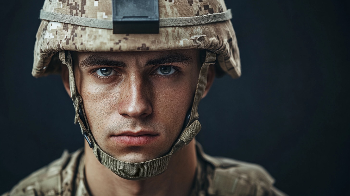 Close-up of a young soldier wearing a military helmet, looking directly at the camera