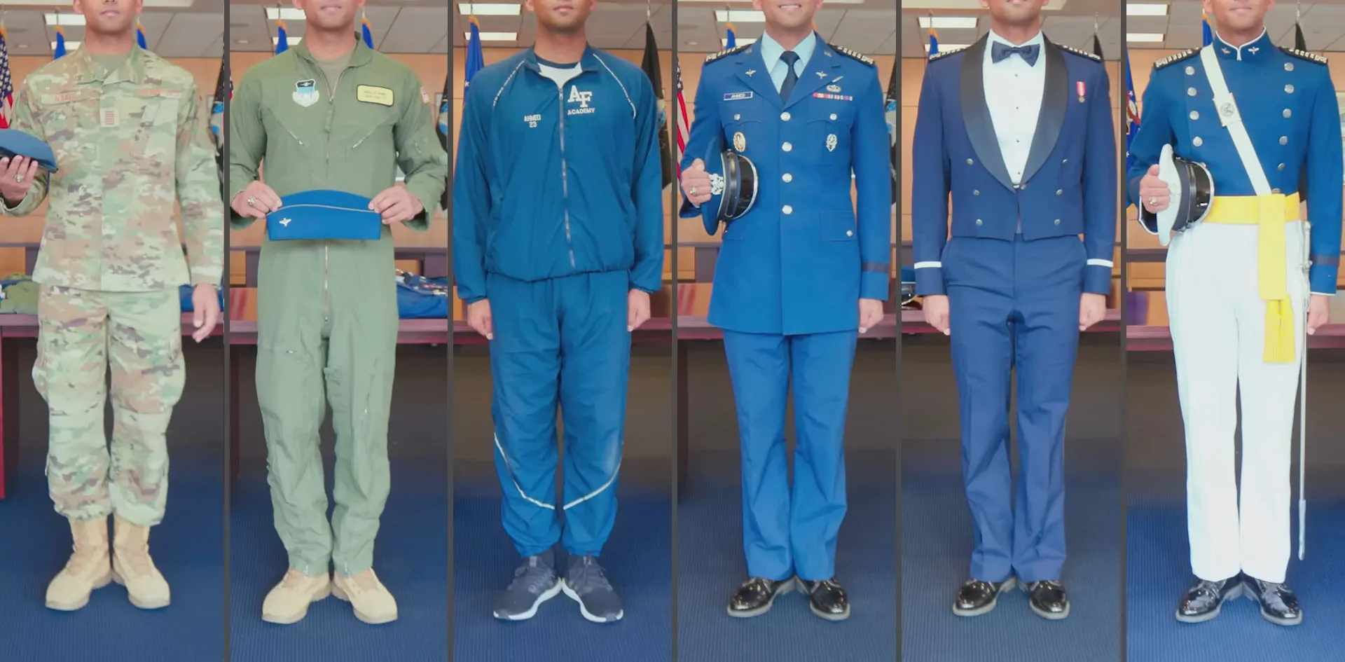 Five different Air Force uniforms worn by a cadet, showcasing various roles and formalities