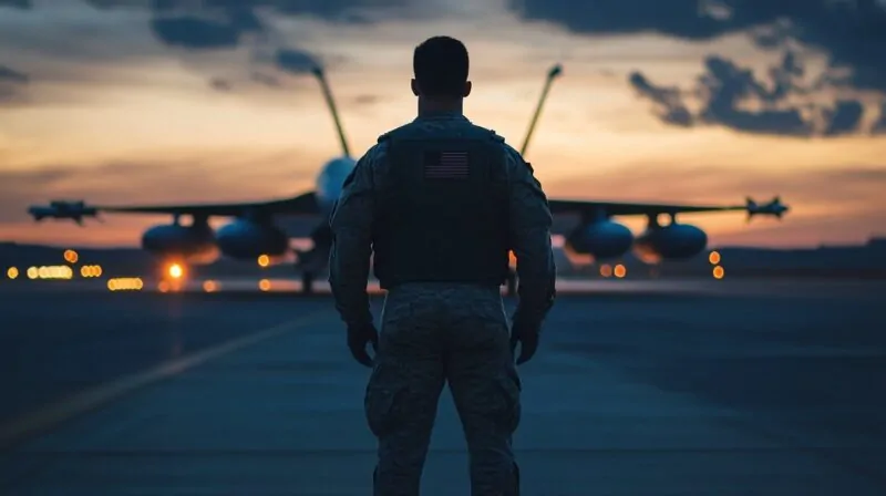 A soldier standing on a runway, facing a fighter jet at sunset, with the American flag on his back