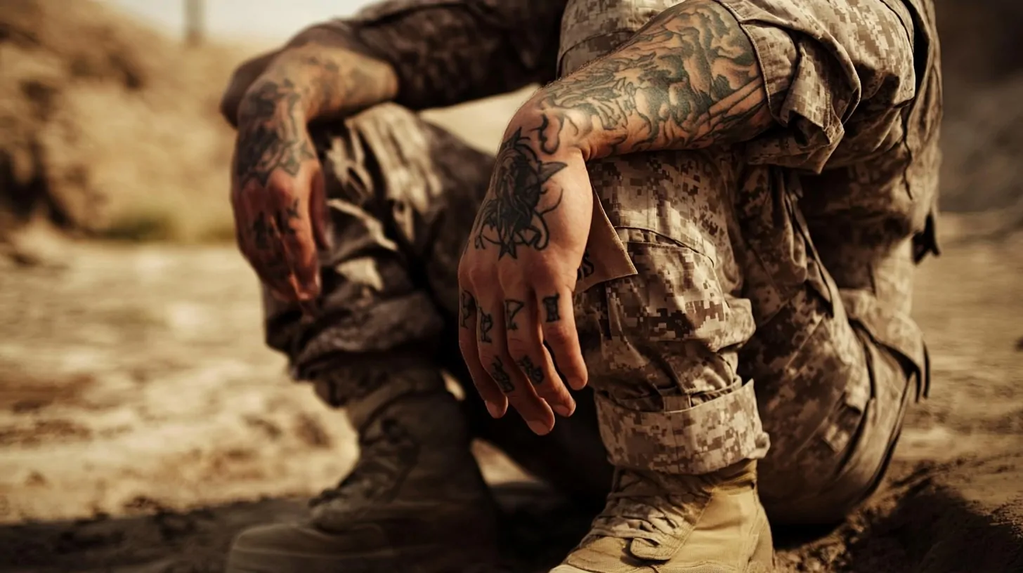 Close-up of a tattooed soldier's hands resting on knees while wearing a military uniform