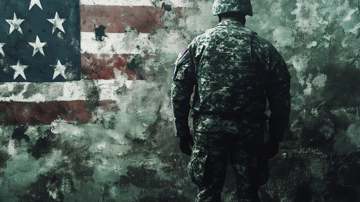 Back view of a soldier in camouflage uniform standing against a textured wall with a U.S. flag in the background