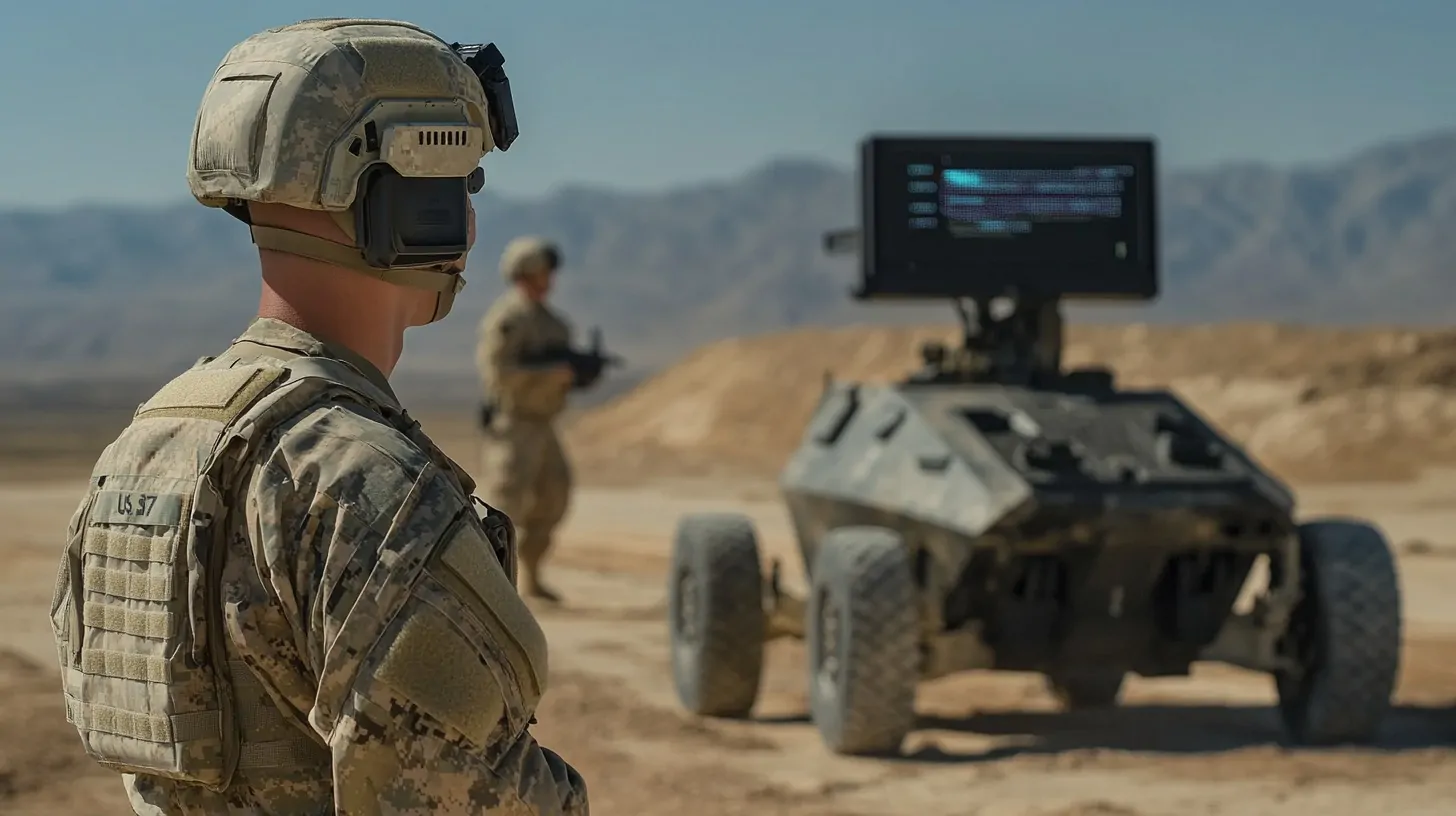 A soldier in camouflage gear monitoring an autonomous robotic vehicle with a digital screen in a desert setting