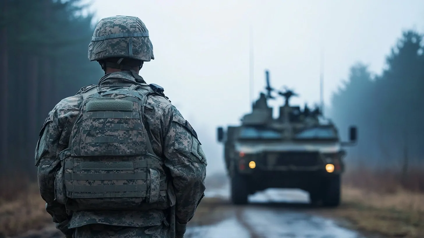 Soldier in camouflage standing in front of a military armored vehicle on a misty road