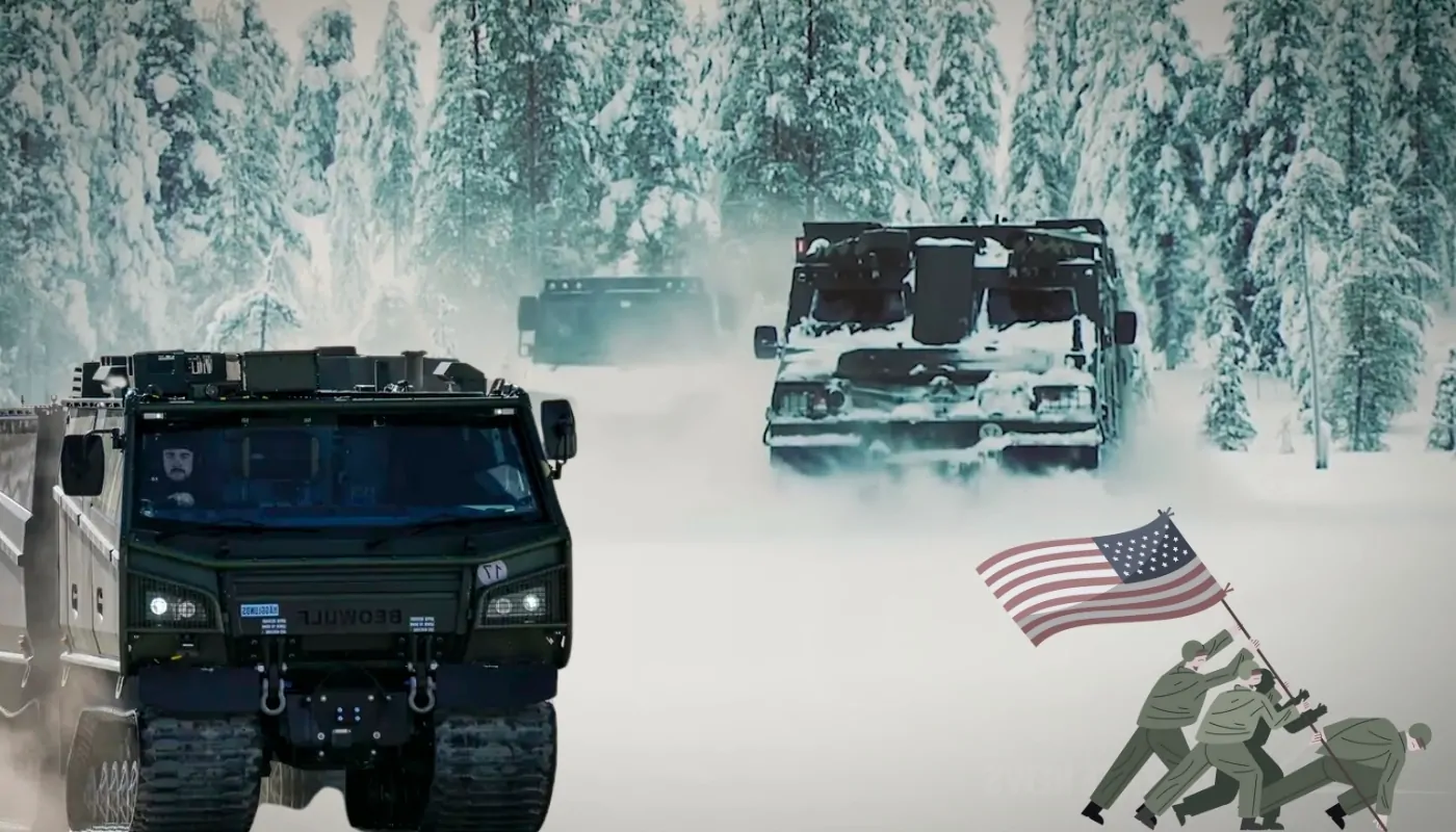 Beowulf military vehicles driving through snowy terrain, with a U.S. flag and soldiers depicted in the foreground