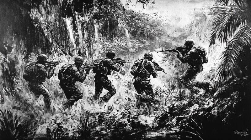 Black and white depiction of soldiers navigating dense jungle foliage with rifles drawn, emphasizing the intensity of guerrilla warfare