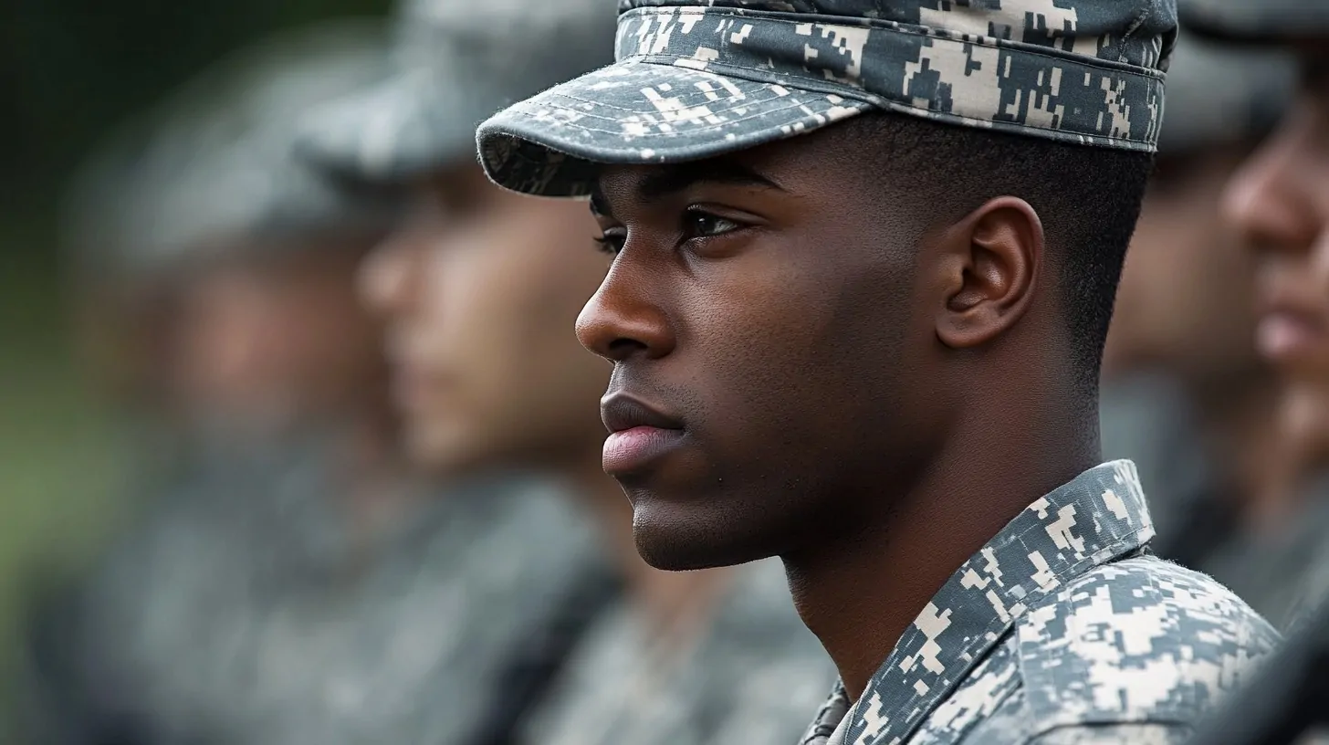 Close-up of a young soldier in digital camouflage uniform, standing in formation with others in the background