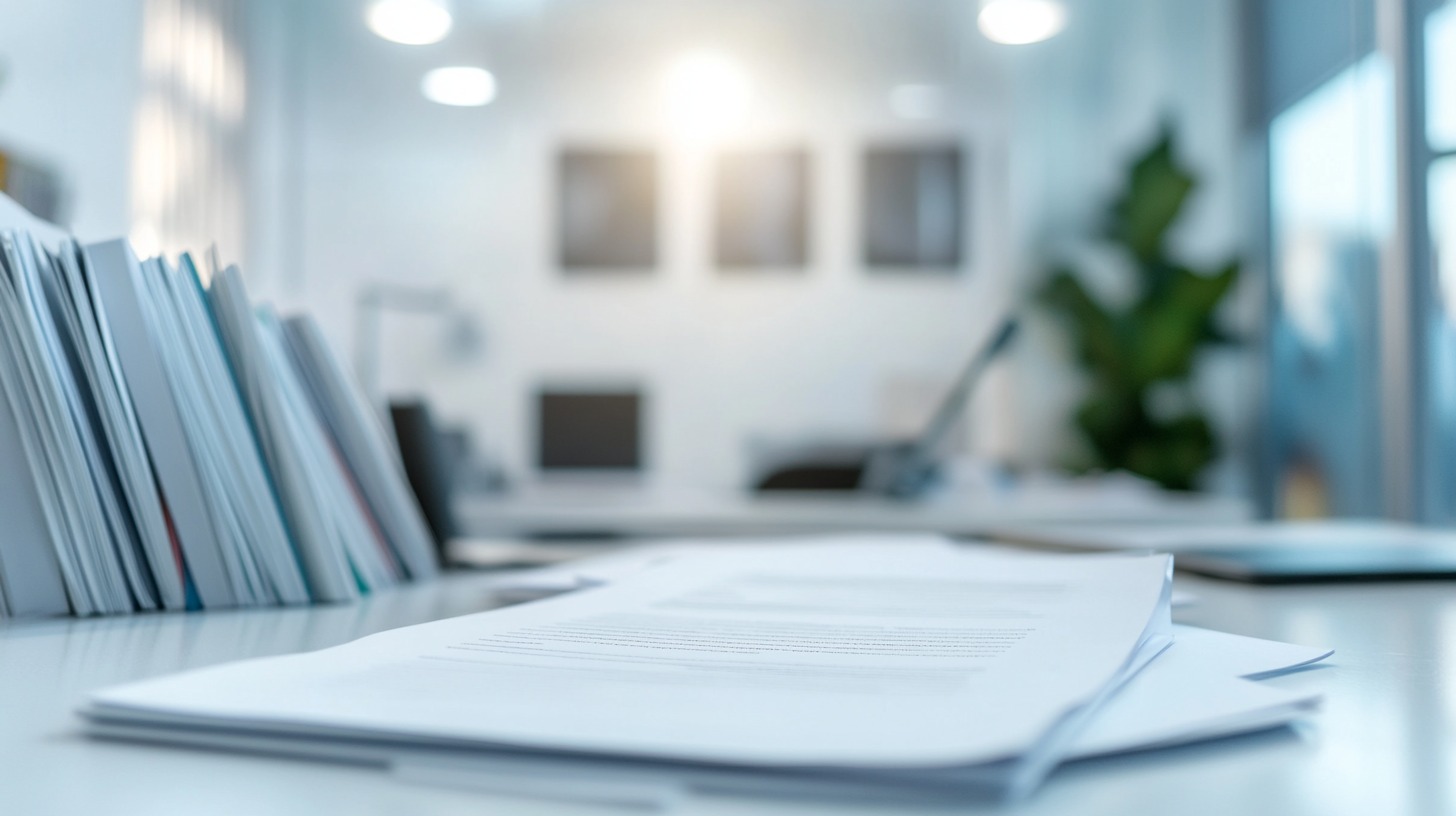 Close-up of a desk with documents and folders in a bright office setting