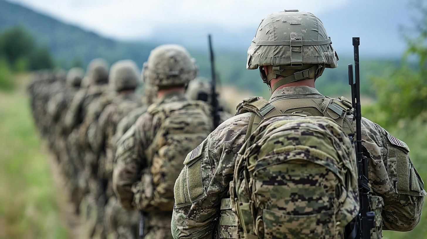 Back view of soldiers in camouflage uniforms and helmets, walking in a straight line outdoors