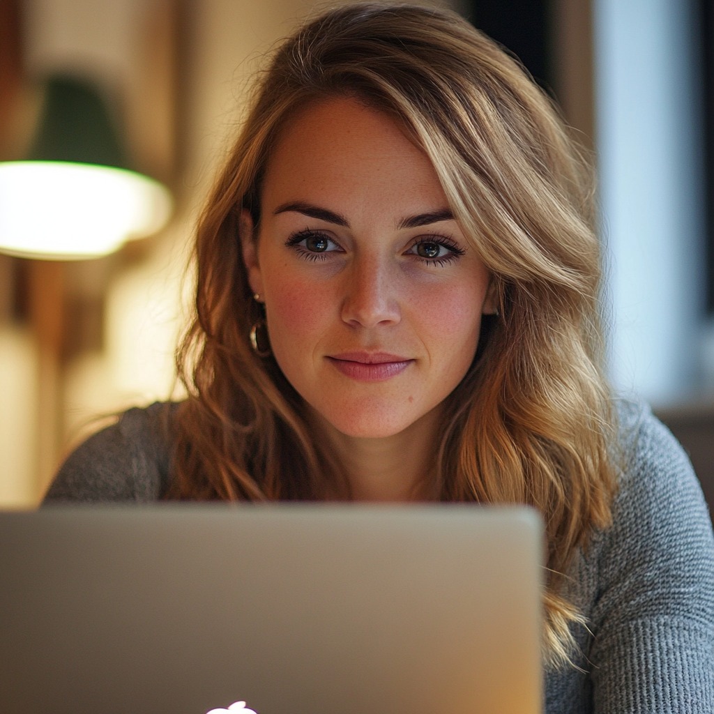 confident woman sitting at a laptop, looking directly at the camera with a warm and focused expression