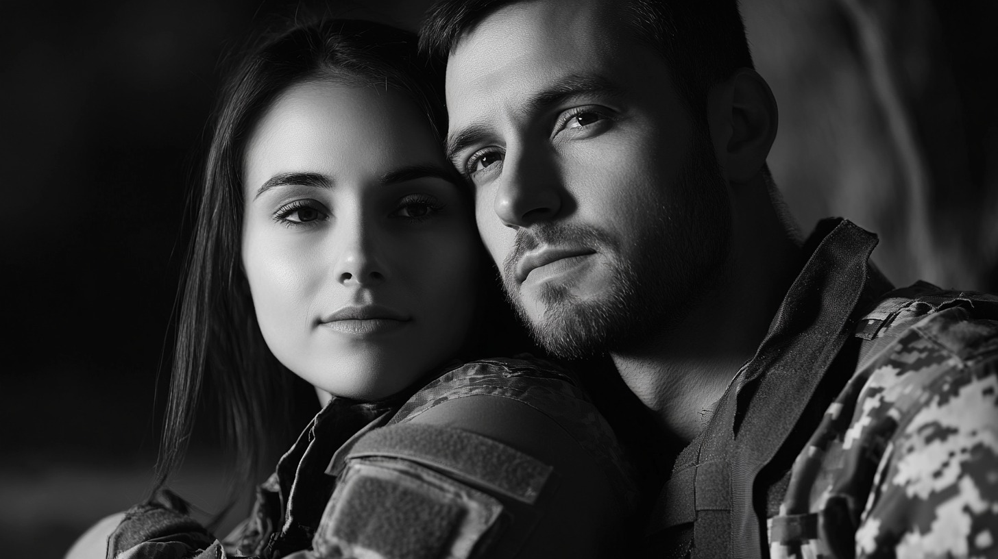 black-and-white portrait of a woman and a man in military camouflage, with the woman leaning on the man’s shoulder, both showing calm and confident expressions