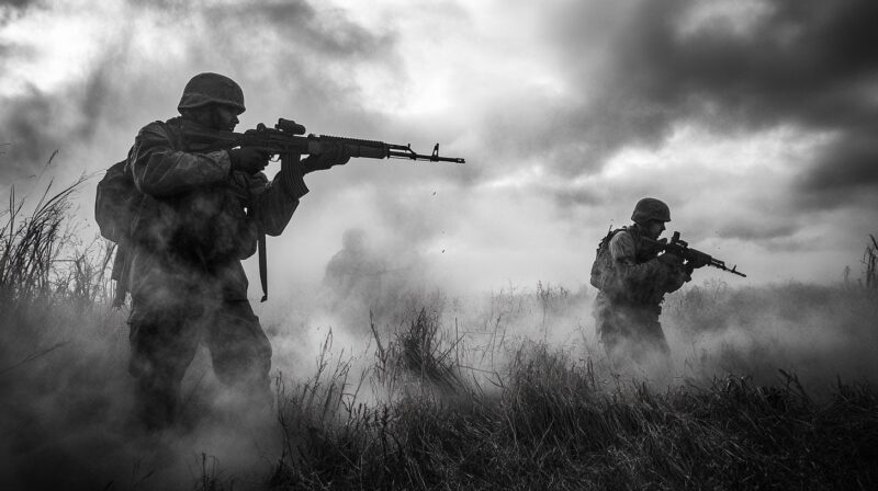 Black and white image of soldiers advancing through a smoke-filled battlefield with rifles drawn