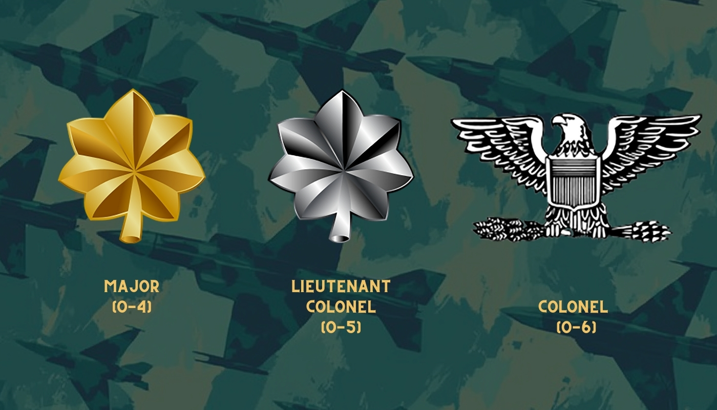 Military rank insignia showing a gold oak leaf for Major, a silver oak leaf for Lieutenant Colonel, and a silver eagle for Colonel