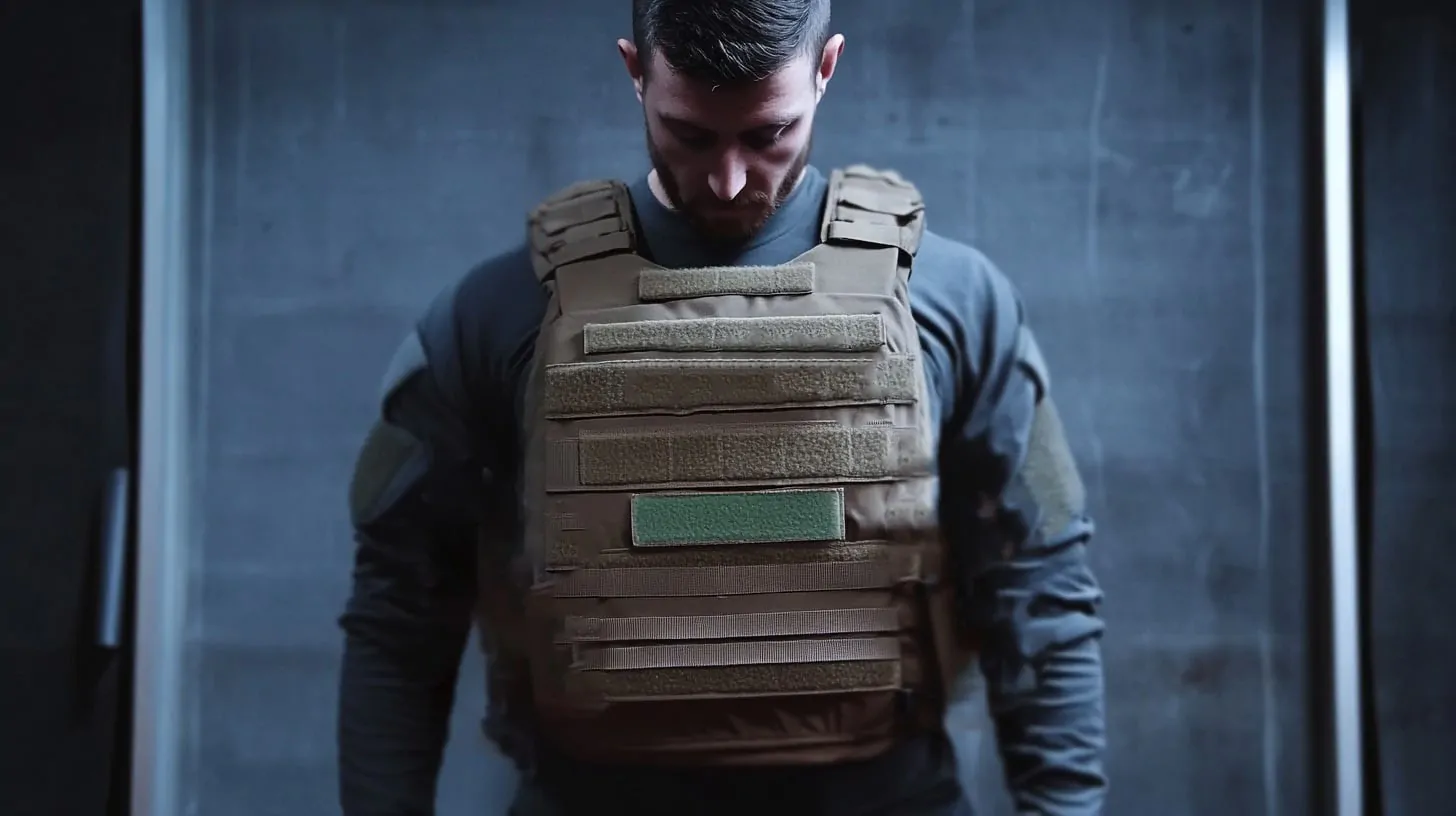 man wearing a tan tactical plate carrier with modular attachments, standing against a dark gray background