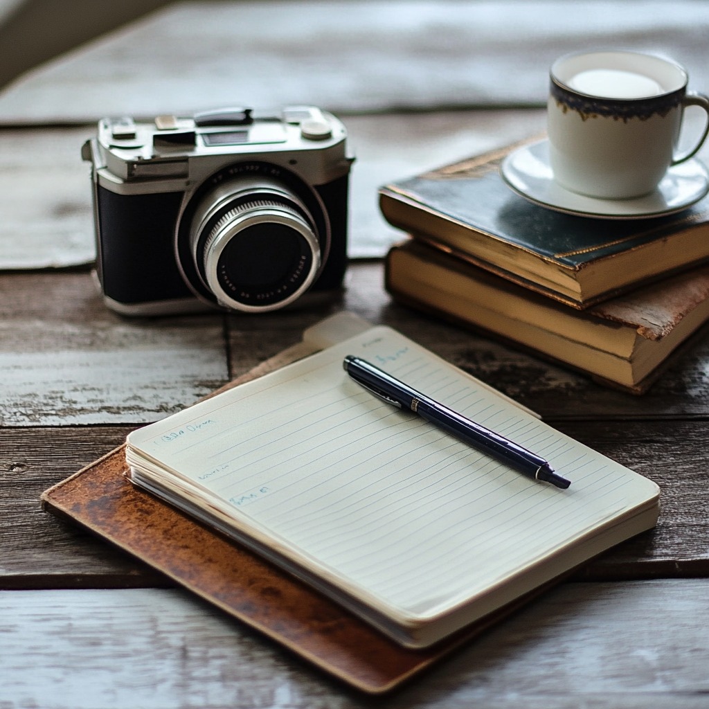 rustic table with a notebook, a pen, a vintage camera, a stack of books, and a cup of coffee