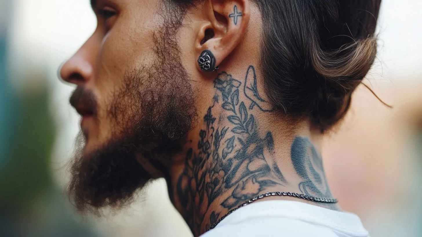 Close-up of a man's tattooed neck and ear with intricate floral designs and a small cross tattoo