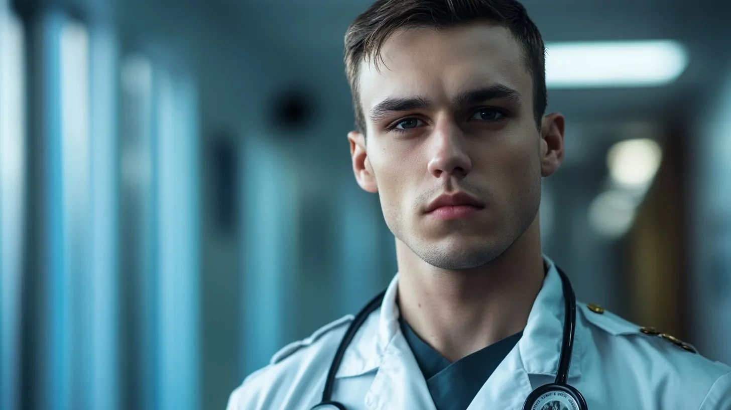 young male nurse in uniform with a stethoscope, standing in a brightly lit corridor