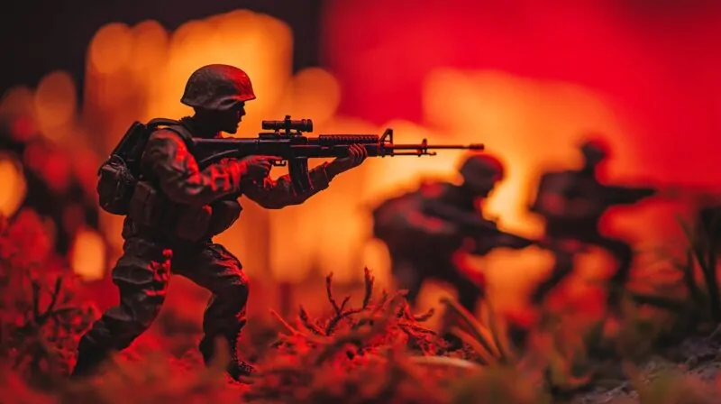 Silhouetted soldiers advancing in a fiery battlefield setting, with a focus on one aiming a rifle