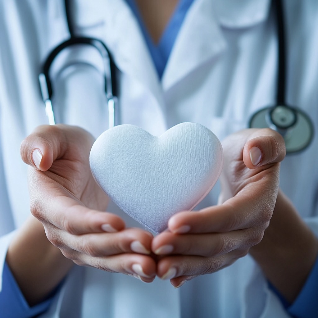 healthcare professional holding a white heart-shaped object in their hands, with a stethoscope around their neck