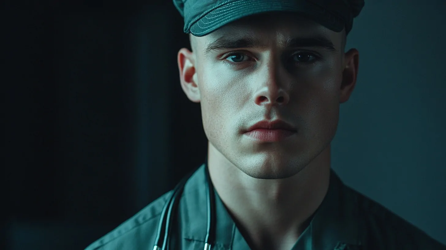 Close-up of a serious-looking military nurse in uniform, wearing a cap and stethoscope, in dim lighting