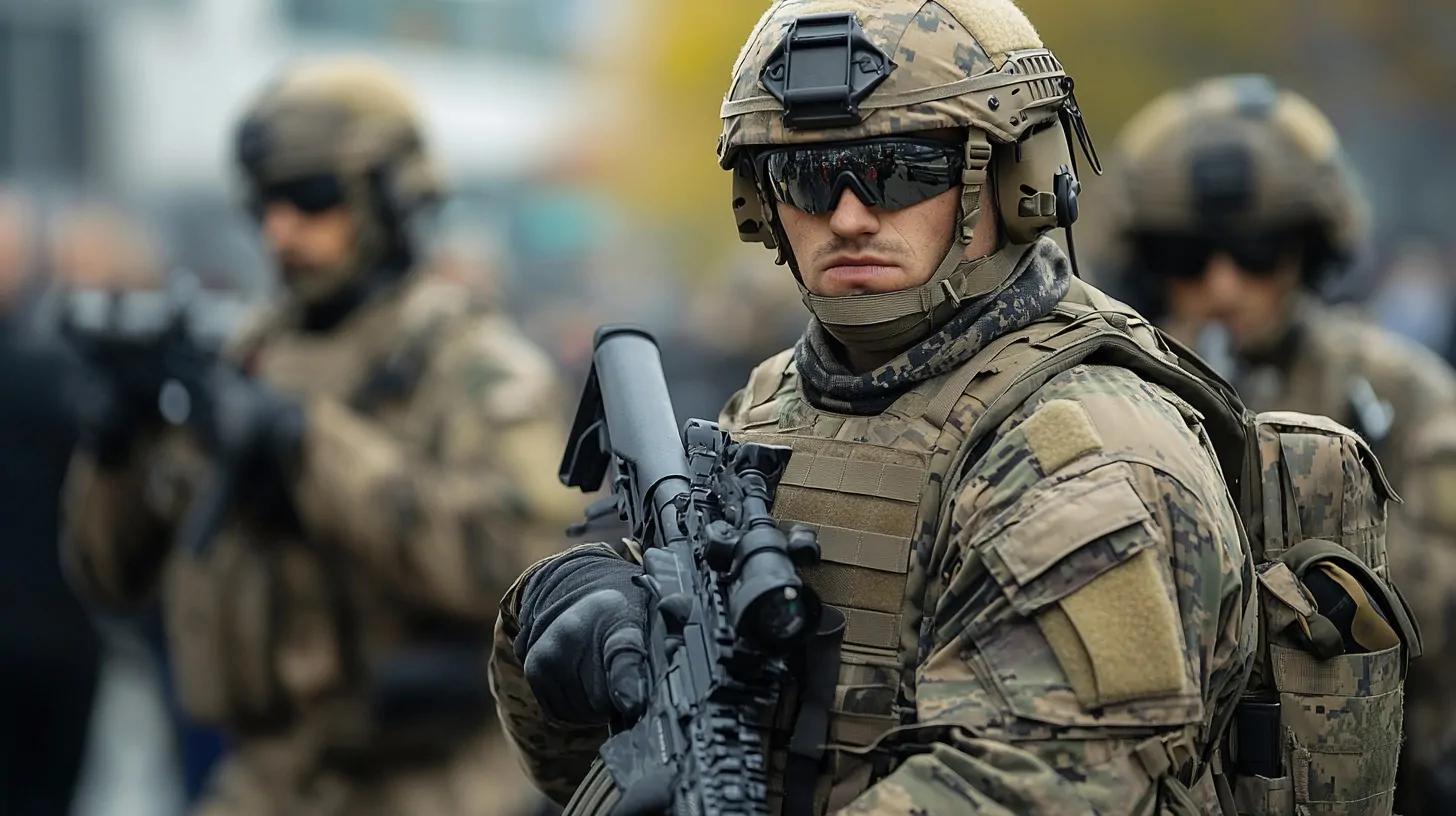 Soldier in full tactical gear holding an advanced rifle, with blurred comrades in the background