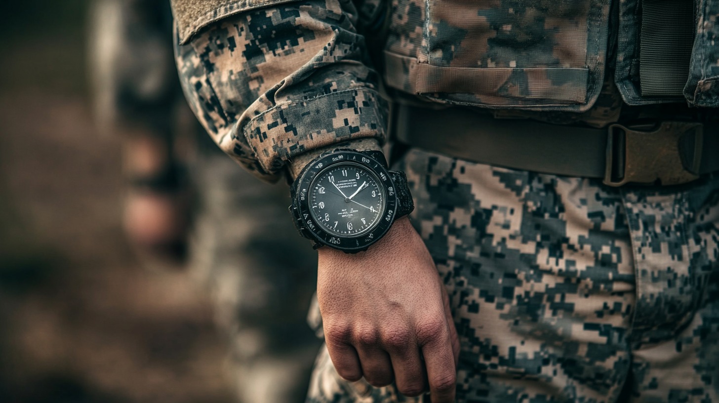 Close-up of a soldier's wrist wearing a rugged military watch, with a camouflage uniform visible