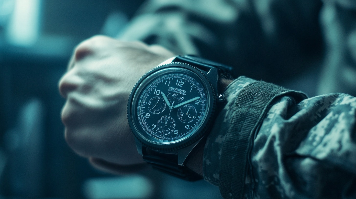 Close-up of a military-style wristwatch on a person's arm wearing camouflage