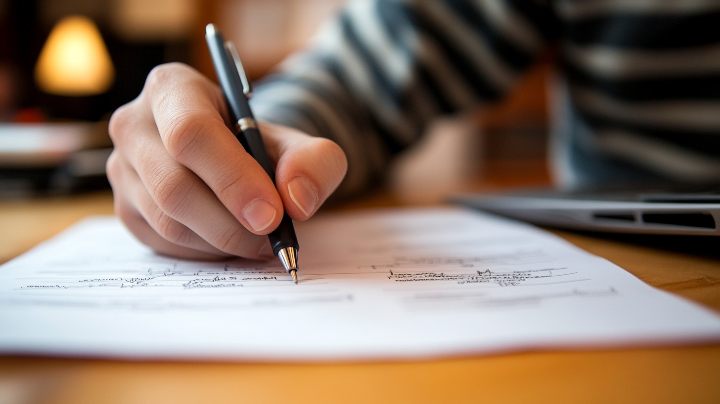 Close-up of a hand holding a pen while filling out a form on a desk with a laptop in the background