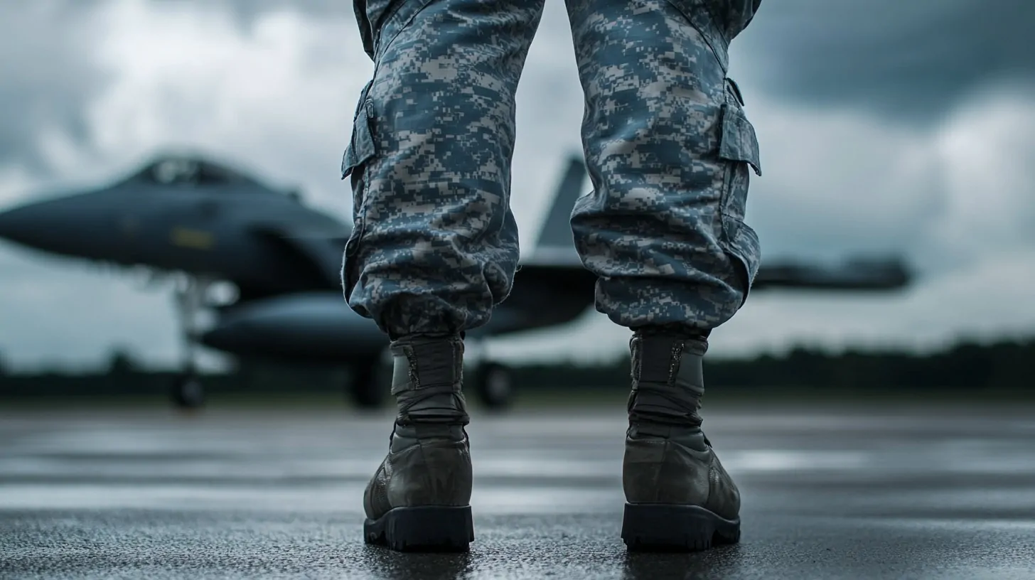 Close-up of Air Force personnel's boots and uniform with a jet in the background under cloudy skies