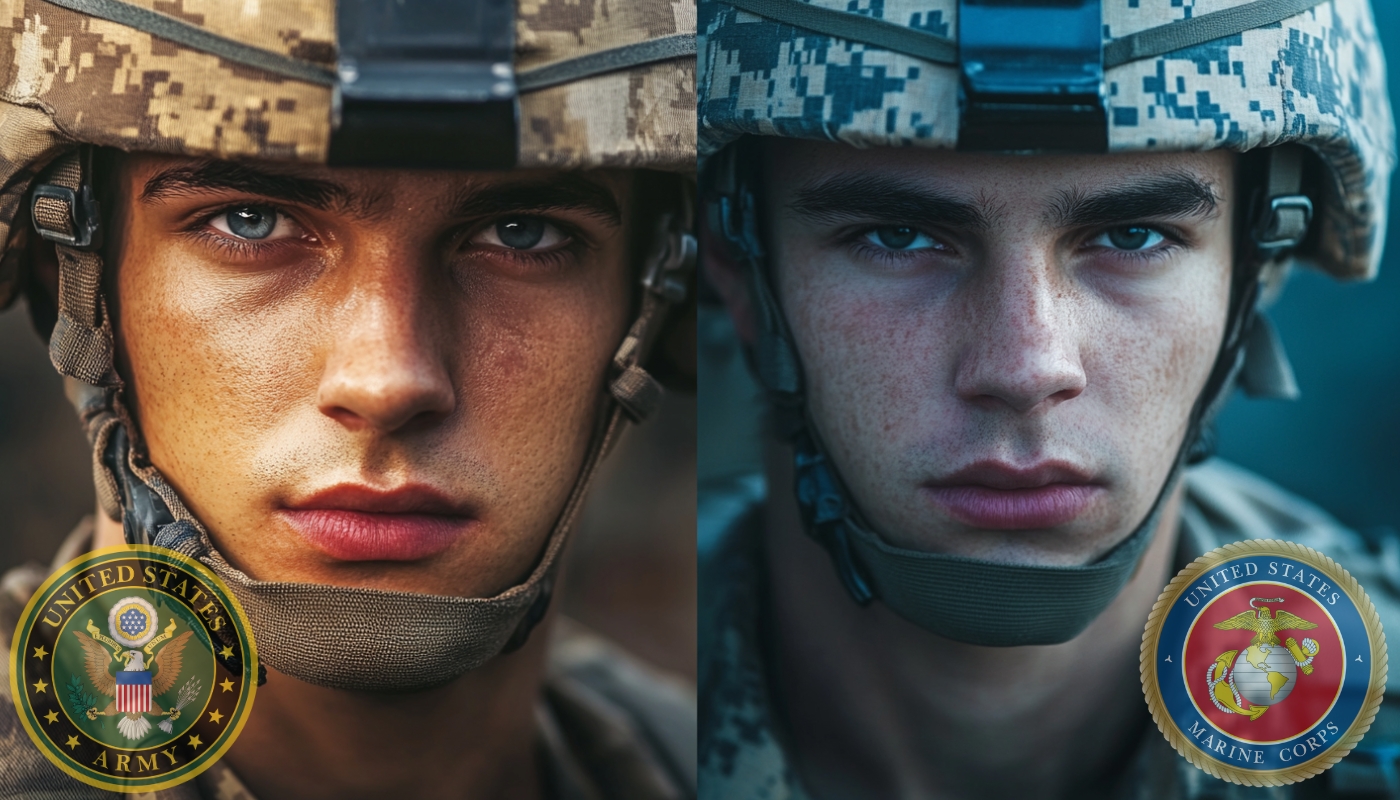 Side-by-side portraits of a U.S. Army soldier and a U.S. Marine in helmets, with their respective branch logos