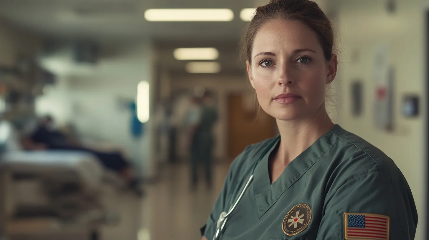 determined military nurse in a green uniform with an American flag patch, standing in a hospital hallway