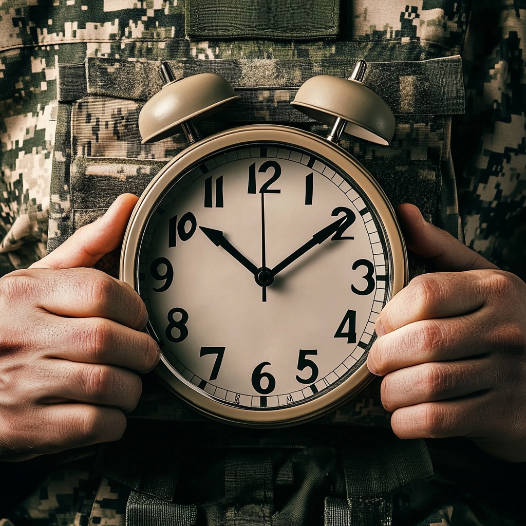 Person in military uniform holding a large analog clock in front of their chest