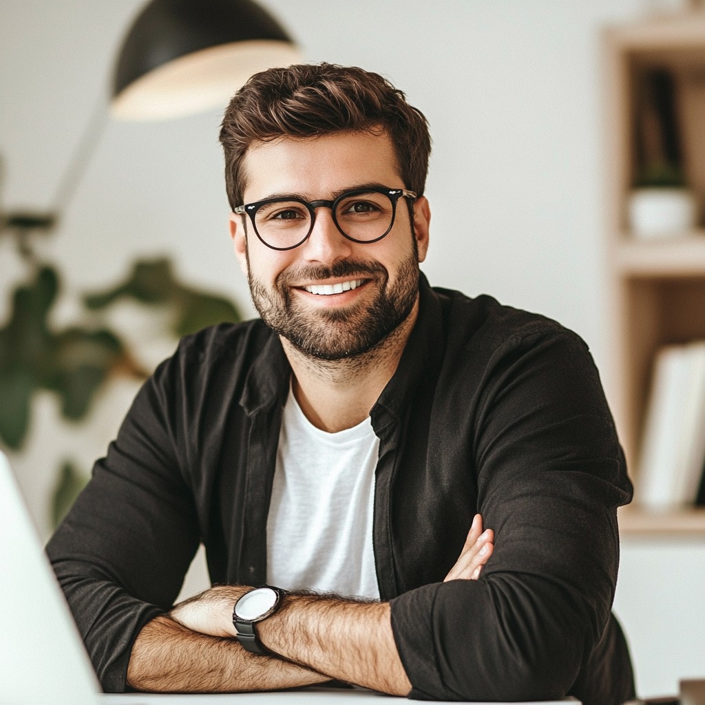 smiling man wearing glasses, seated at a desk with a laptop in a bright and modern workspace