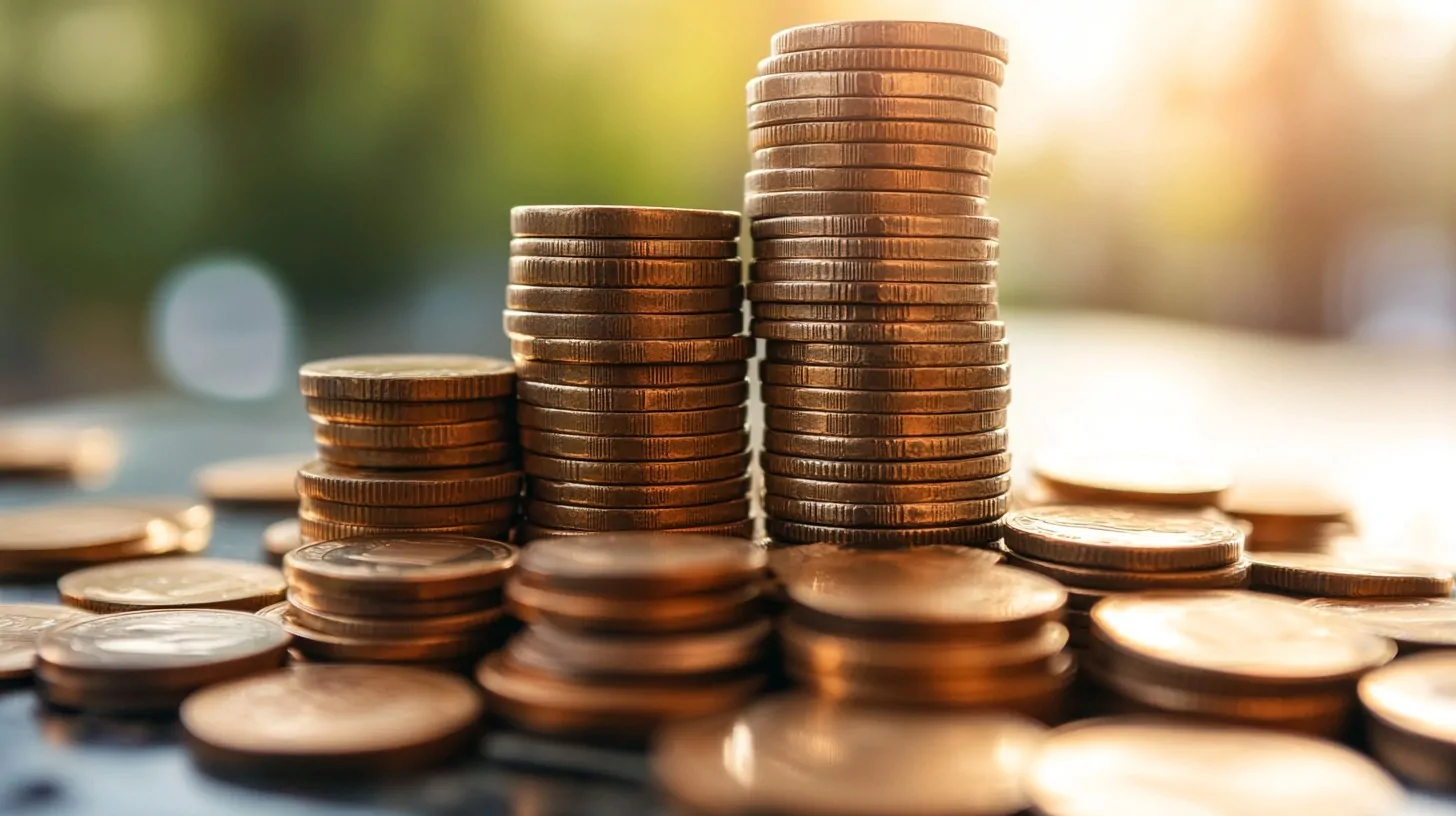 Stacks of golden coins glistening in the sunlight, representing financial growth and stability